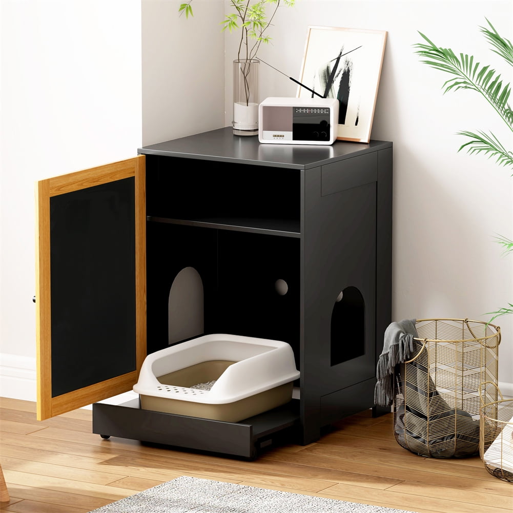 Black Particle Board Cat Litter Box Enclosure with Sisal Door