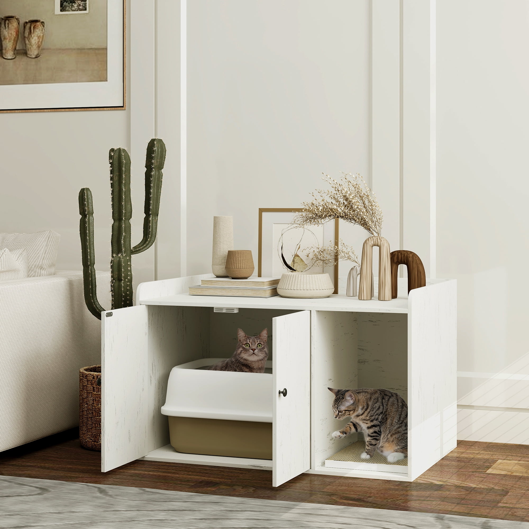 Cat Litter Box Enclosure, Hidden Washroom Furniture with Scratching Mat, Cat Hole, Indoor Pet House, 32" x 21" x 20", Distressed White