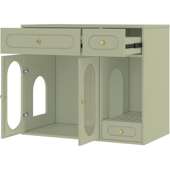 Cat Litter Box Enclosure with LED Light, Hidden Litter Box Furniture with Storage Drawers,Fit Most of Litter Box, Indoor Pet House with Acrylic Doors, End Table for Living Room ,Green