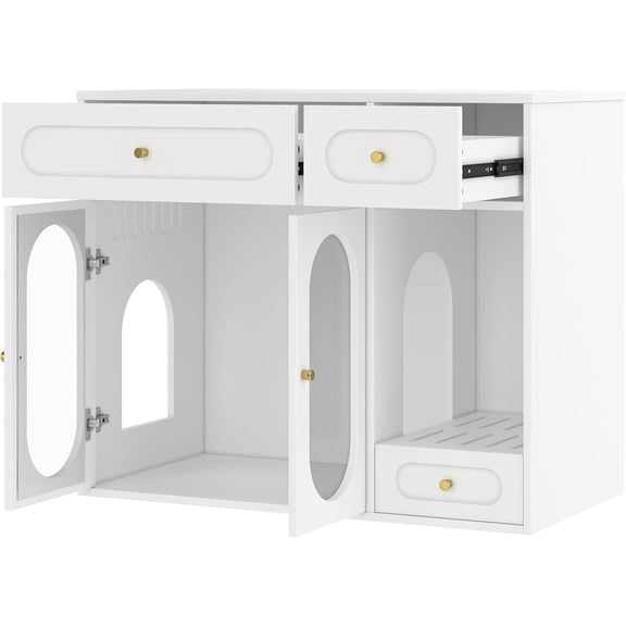 Cat Litter Box Enclosure with LED Light, Hidden Litter Box Furniture with Storage Drawers,Fit Most of Litter Box, Indoor Pet House with Acrylic Doors, End Table for Living Room, White