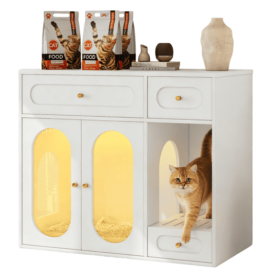 Ardescere White Cat Litter Box Enclosure with LED Light, Acrylic Doors & Storage Drawers, Hidden Cat Washroom End Table for Living Room