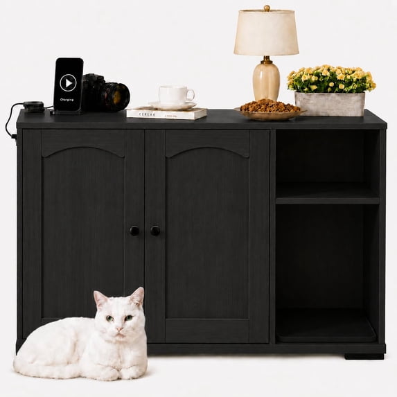 Cat Litter Box Enclosure, Large Cat House | Self-Cleaning Litter Box, Dog Proof Cat Cabinet with Side Outlet and 5 ft Power Cord, Arch Frame Design, Black