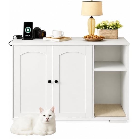 Cat Litter Box Enclosure, Large Cat House | Self-Cleaning Litter Box, Dog Proof Cat Cabinet with Side Outlet and 5 ft Power Cord, Arch Frame Design, White