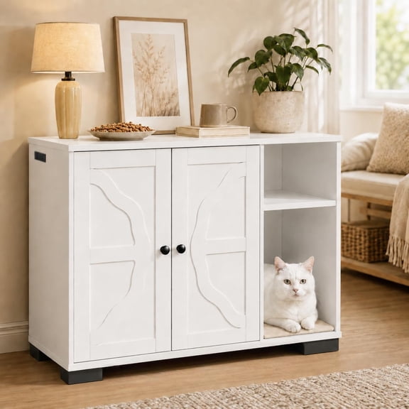 Cat Litter Box Enclosure, Large Cat House | Self-Cleaning Litter Box, Dog Proof Cat Cabinet with Side Outlet and 5 ft Power Cord, Cross Frame Design, White