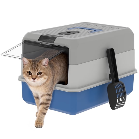 Cat Litter Box Enclosure Large Litter Box with Front Door Flap and Scoop Plastic Blue