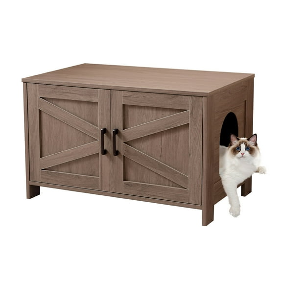 Cat Litter Box Enclosure,Litter Box Furniture Hidden with Barn Door,Wooden Cat Washroom Furniture,Cat House,End Table,Fit Most Of Litter Box,Greige,Greige Engineered Wood Pet Supplies Pet Beds