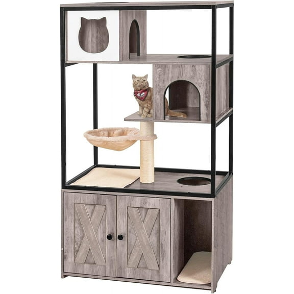 Cat Litter Box Enclosure, Litter Box Furniture Hidden, Wooden Cat Washroom Furniture, Indoor Cats House with Condo, Hammock, Scratching Mat and Storage Shelves