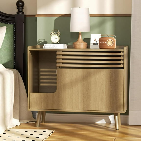 Cat Litter Box Enclosure,Mid-Century Modern Hidden Litter Box Furniture with Cat Scratch Pad,Flip-Down Opening Litter Box Cabinet Cat Washroom End Table,Natural