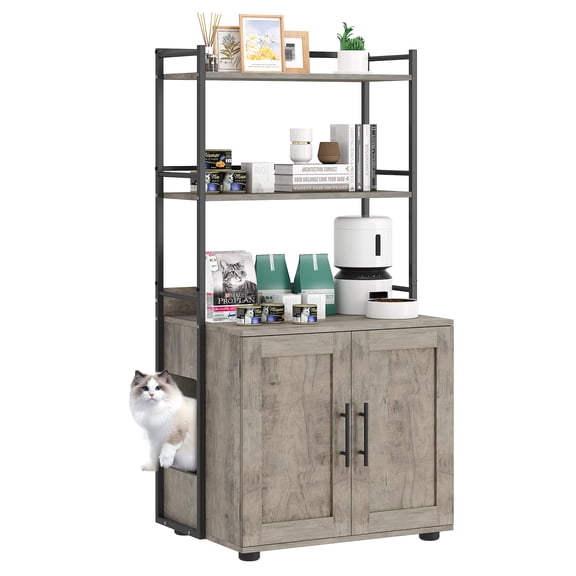Cat Litter Box Enclosure Modern with 2-Tier Storage Shelves and Doors, Hidden Cat Washroom Cabinet with Odor Control, Fits Most Litter Boxes for Indoor Cat Furniture, Vintage Brown/Gray
