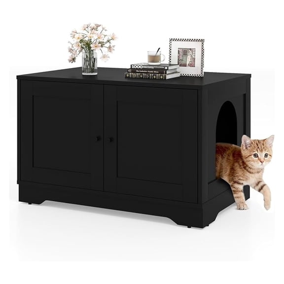 Cat Litter Box Enclosure, Modern Litter Box Furniture with Double Doors, Side Entry, Cat House, Side End Table, 31.5 x 20 x 20 Inches (Black)