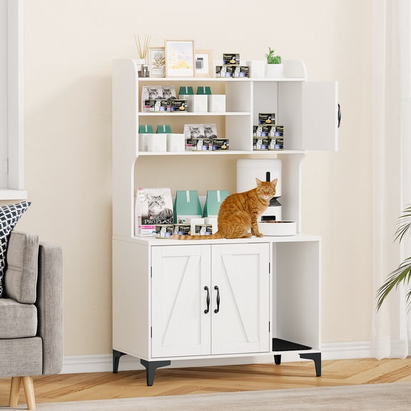 Cat Litter Box Enclosure – Multi-Functional Hidden Wooden Cat Washroom Cabinet with Shelf Storage – Modern Indoor Cat House – Fits Most Litter Boxes – Grey or White