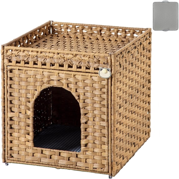 Cat Litter Box Enclosure, PE Rattan Hidden Kitty House, Natural