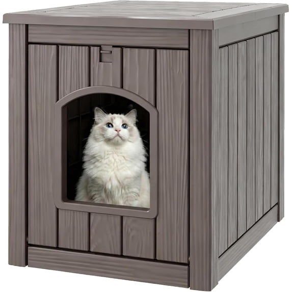 Cat Litter Box Enclosure, Plastic Hidden Litter Box Side Table with Openable Front Door, Cat Box Enclosure Cabinet for Indoor & Outdoor Use, Weatherproof, Easy to Clean & Assemble, Grey