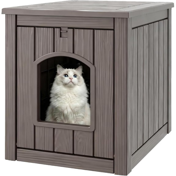 Cat Litter Box Enclosure, Plastic Hidden Litter Box Side Table with Openable Front Door, Cat Box Enclosure Cabinet for Indoor & Outdoor Use, Weatherproof, Easy to Clean & Assemble, Grey