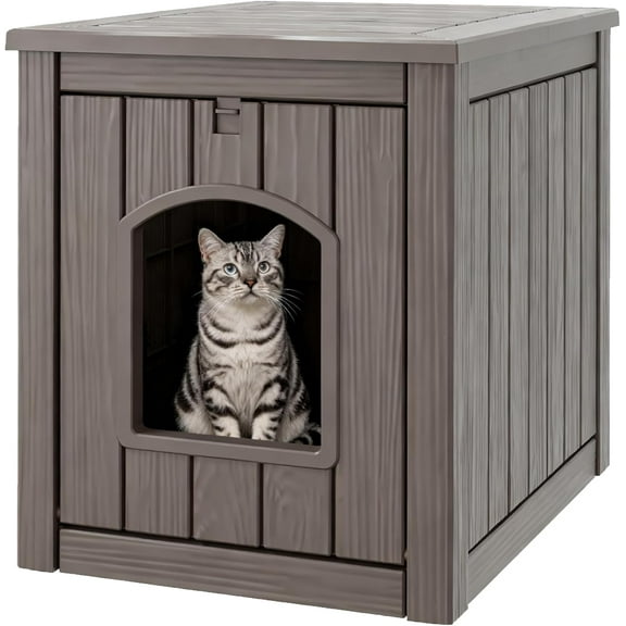 Cat Litter Box Enclosure, Plastic Hidden Litter Box Side Table with Openable Front Door, Waterproof & Weatherproof Cat House for Indoor & Outdoor Use (Gray)