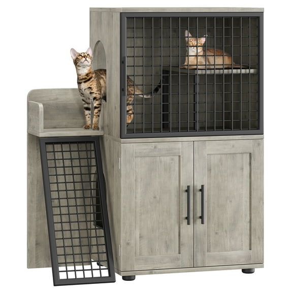 Cat Litter Box Enclosure with Platform, Double Indoor Tall Cat Litter Box Furniture Hidden, Large Wooden Cat House with Ladder, Multi-functional Cat Litter Box Enclosures