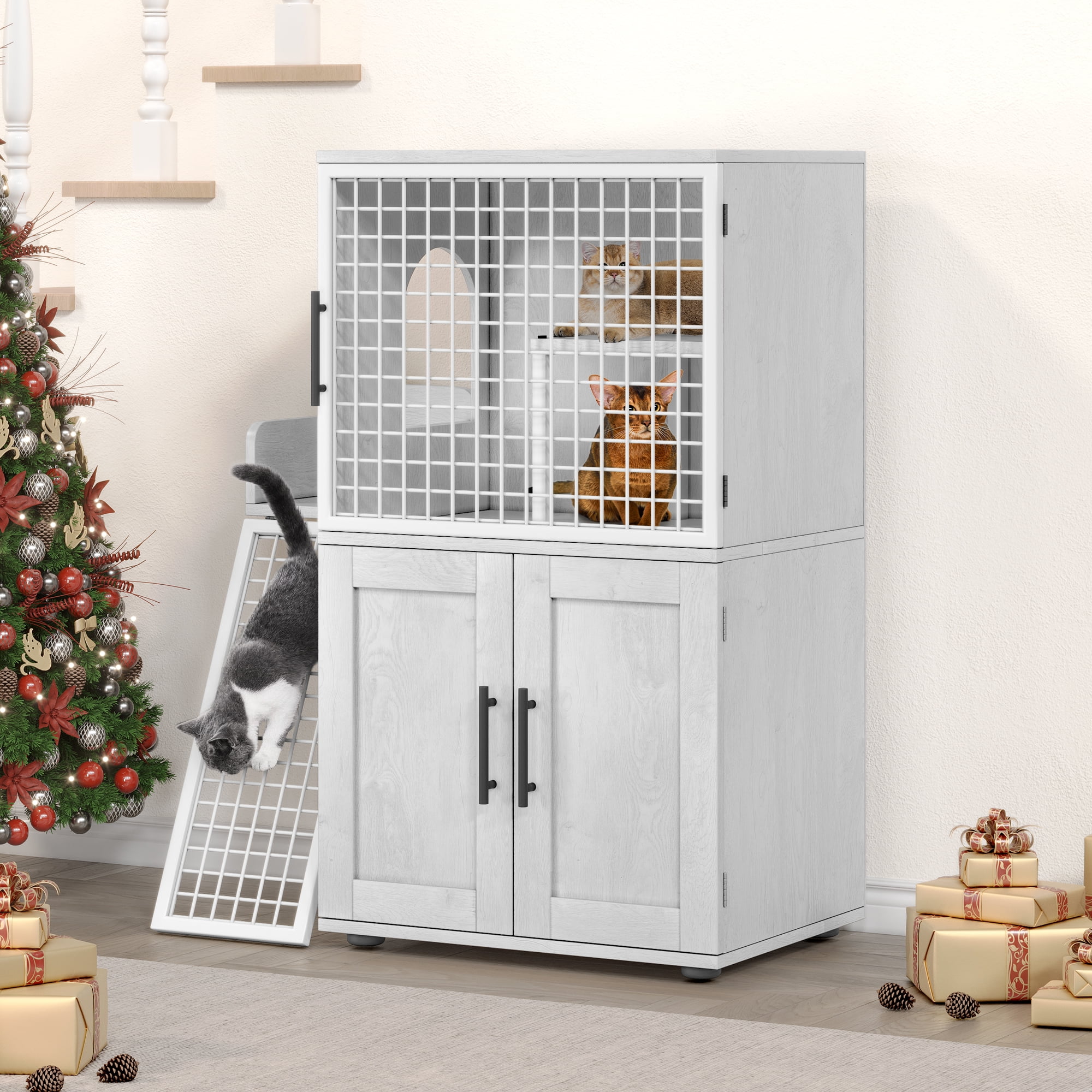 Cat Litter Box Enclosure with Platform, Double Indoor Tall Cat Litter Box Furniture Hidden