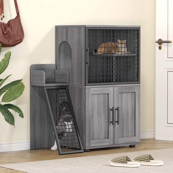 Cat Litter Box Enclosure with Platform, Double Layer Cat Litter Hidden Furniture, Hidden Cat Litter Box Enclosure, Modern Villa Cat Cabinet with Ladder, Cat Washroom Indoor, Cat House, Grey