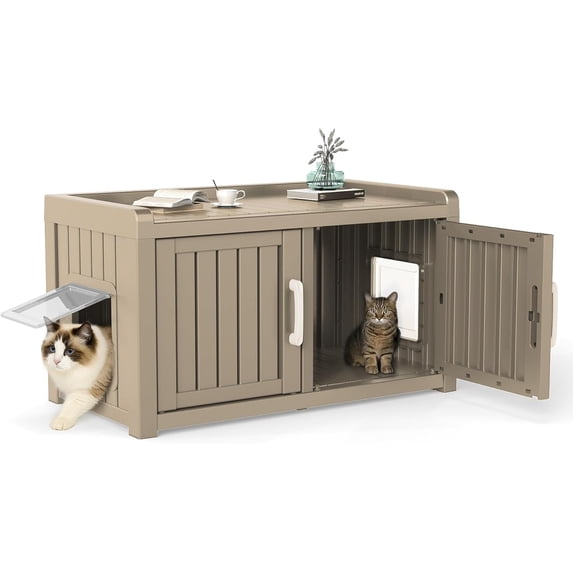Cat Litter Box Enclosure Resin Hidden Cat Litter Box Furniture Multi-Functional Double Door Spacious Odorless Waterproof UV-Resistant Indoor Outdoor Use Grey