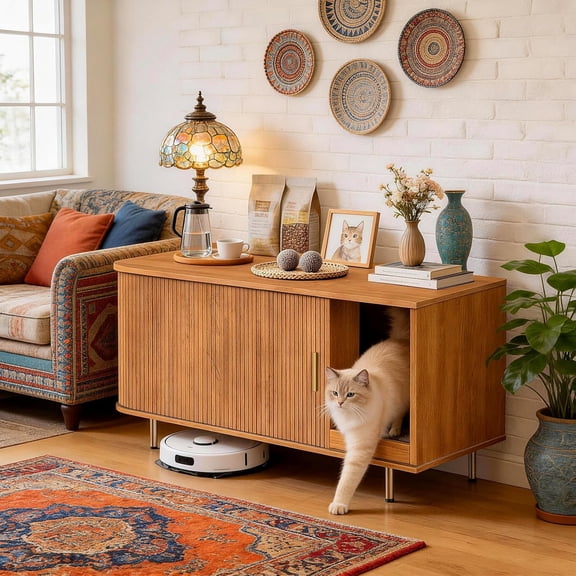 Cat Litter Box Enclosure with Scratch Pad, Sliding Door, 38.5" Cat Litter Furniture Hidden Litter Box Cabinet, Modern Indoor Cat House, TV Stand, Side End Table for Living Room(Yellow Walnut)