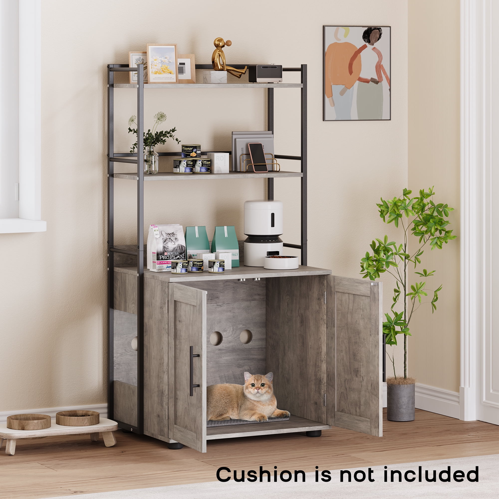 Cat Litter Box Enclosure with Shelf Storage, 2-in-1 Hidden Cat Washroom Furniture, Indoor Cat Cabinet, Hidden Cat Box Enclosure with 3 Shelves and Door, Cat House Crate for Most Litter Box