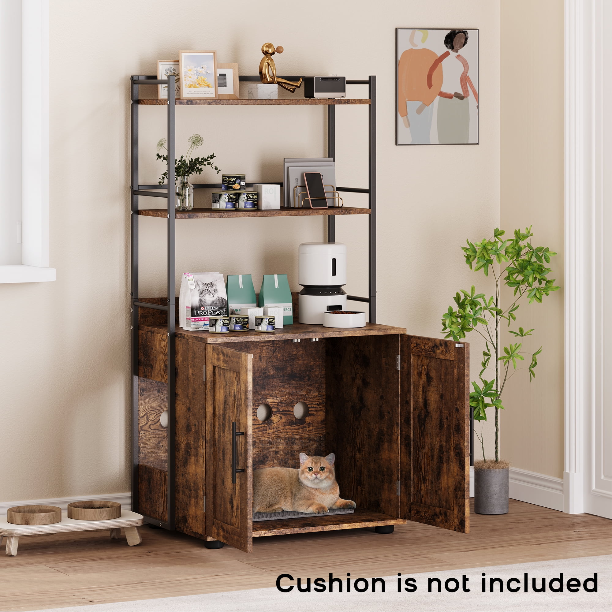 Cat Litter Box Enclosure with Shelf Storage, 2-in-1 Hidden Cat Washroom Furniture, Indoor Cat Cabinet, Hidden Cat Box Enclosure with 3 Shelves and Door, Cat House Crate for Most Litter Box