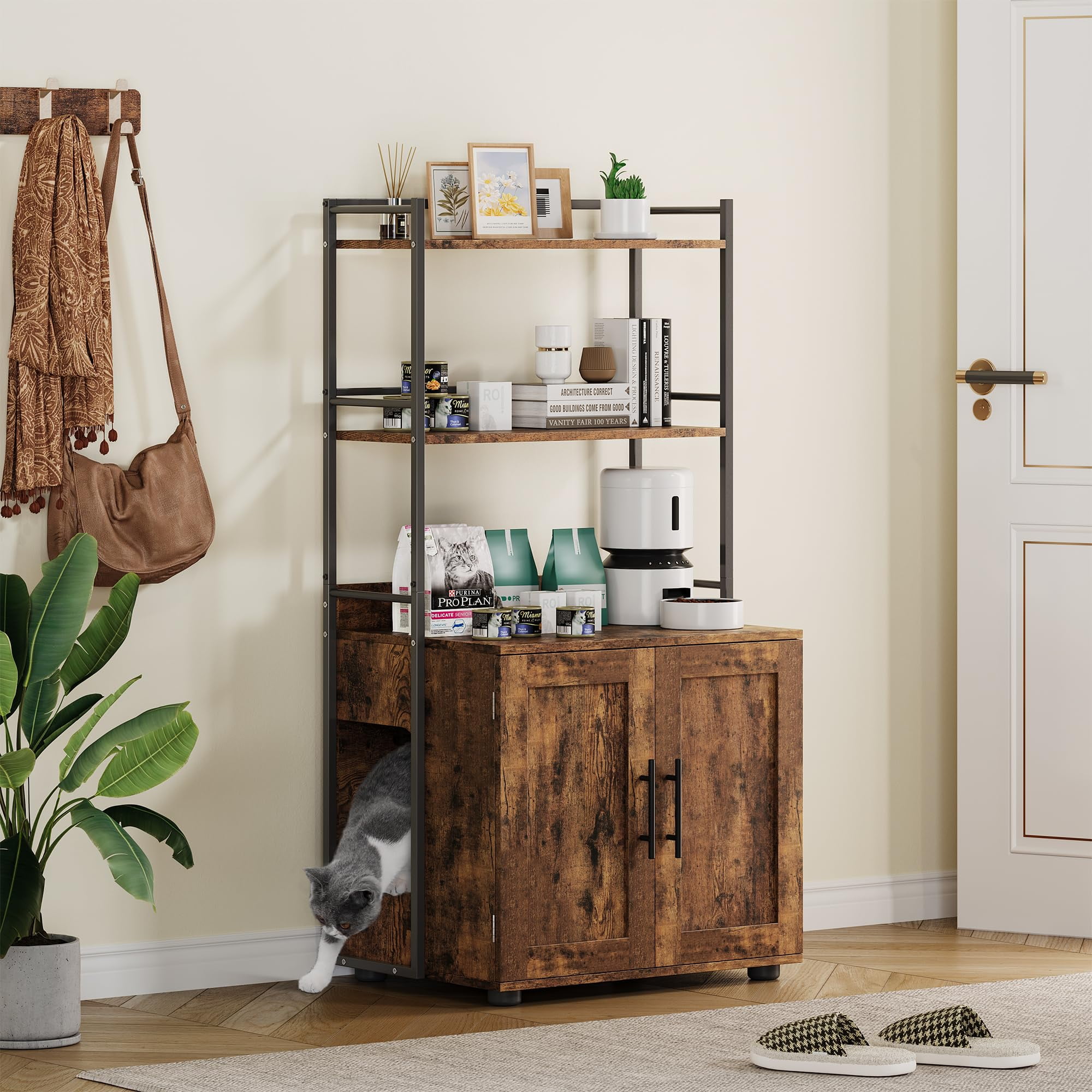 Cat Litter Box Enclosure with Shelf Storage, 2-in-1 Hidden Cat Washroom Furniture, Indoor Cat Cabinet, Hidden Cat Box Enclosure with 3 Shelves and Door, Cat House for Most Litter Box