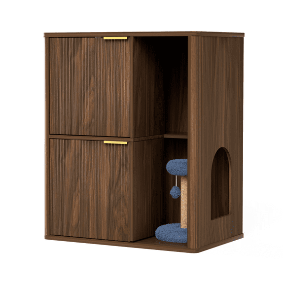 Cat Litter Box Enclosure Side Table, Dual Entry & Cat Tree