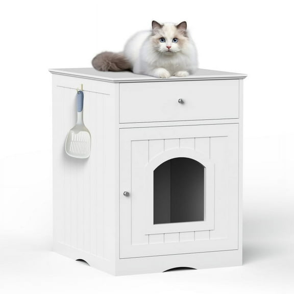 Cat Litter Box Enclosure Side Table - White Solid Wood Pet House Furniture with Storage Drawer, Hidden Cabinet Design for Indoor Cats & Small Dogs(White)