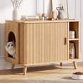 thumbnail image 1 of Cat Litter Box Enclosure with Sliding Doors, Wooden Cat Furniture Cabinet with 2 Storage Shelves & Top Table, Kitty-Friendly Round Entry, Hide Messy,Oak, 1 of 9