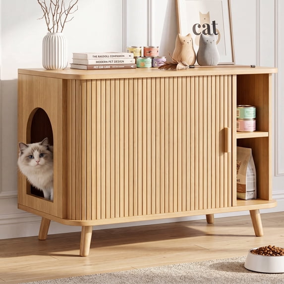 Cat Litter Box Enclosure with Sliding Doors, Wooden Cat Furniture Cabinet with 2 Storage Shelves & Top Table, Kitty-Friendly Round Entry, Hide Messy,Oak