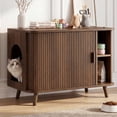 thumbnail image 1 of Easoger Cat Litter Cabinet Enclosure with Sliding Doors, Wooden Cat Furniture Cabinet with 2 Storage Shelves & Top Table, Kitty-Friendly Round Entry, Hide Messy,Walnut, 1 of 9