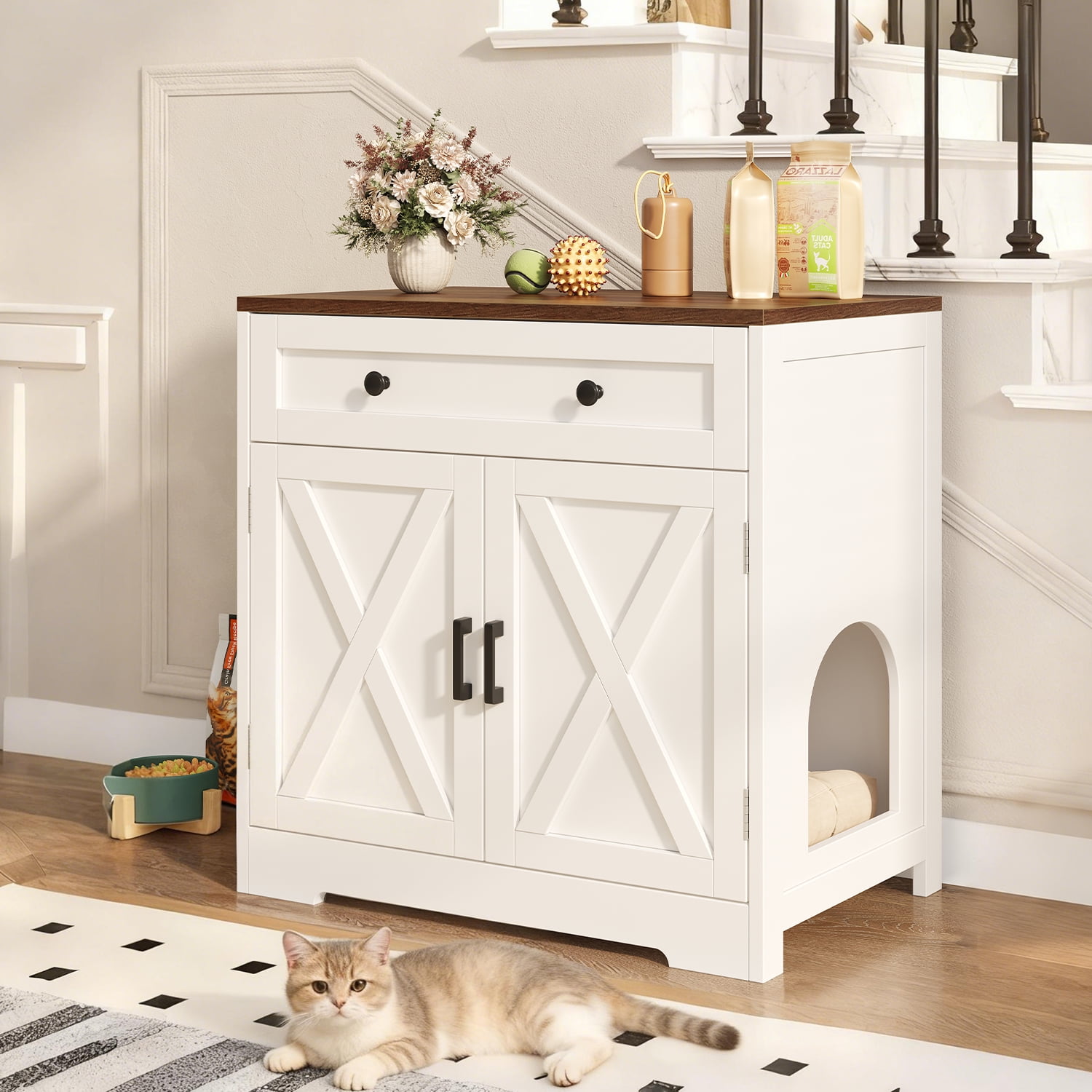 Cat Litter Box Enclosure with Storage Drawers, White Hidden Litter Box Furniture | Modern Farmhouse Style Indoor Cat House | Multi-Functional Side Table, Cabinet or Nightstand for Home