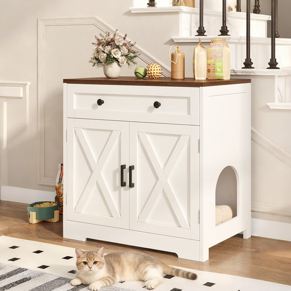Cat Litter Box Enclosure with Storage Drawers, White Hidden Litter Box Furniture | Modern Farmhouse Style Indoor Cat House | Multi-Functional Side Table, Cabinet or Nightstand for Home