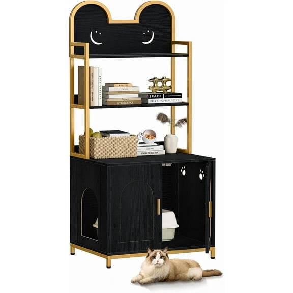 Cat Litter Box Enclosure with Storage Shelves, Indoor Hidden Cat Litter Box Enclosure Furniture, Wooden Cat Washroom Furniture Cabinet with Metal Frame, Modern Style