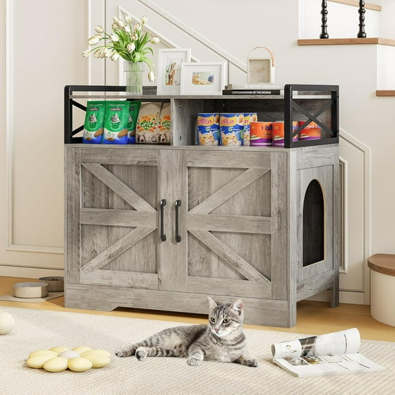 Cat Litter Box Enclosure, Ultra-Large Hidden Litter Box Furniture with Top Opening, Anti-Tipping Fence and 2 Open Drawers, Litter Box Cabinet End Table, Grey