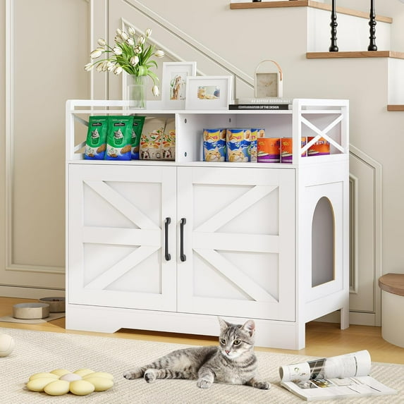 Cat Litter Box Enclosure, Ultra-Large Hidden Litter Box Furniture with Top Opening, Anti-Tipping Fence and 2 Open Drawers, Litter Box Cabinet End Table, White