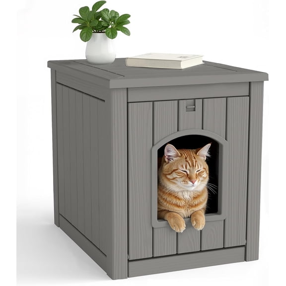 Cat Litter Box Enclosure, Waterproof Resin Hidden Litter Box Furniture Side Table with Openable Front Door for Small Pets, Indoor & Outdoor Use (Grey)