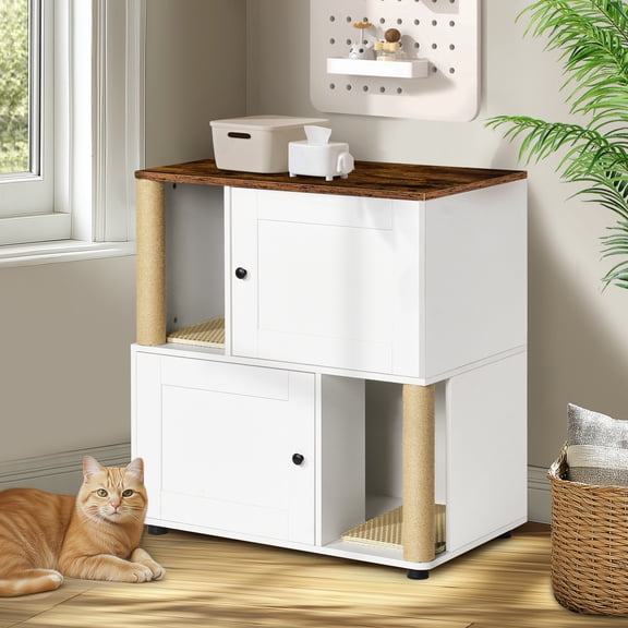 Cat Litter Box Enclosure, Wooden Double Cat Litter Box Furniture With Scratching Post, Modern Nightstand Cat Condo For Living Room And Bedroom