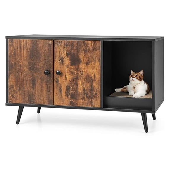 Cat Litter Box Enclosure Wooden Furniture, Stackable Pet Washroom Cabinet w/ Scratching Pad