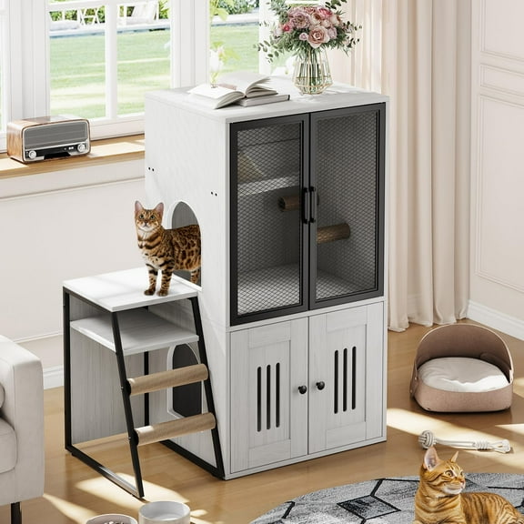 Cat Litter Box Enclosure for 2 Cats and Doors,Double Cat House with Storage Space,Enclosed Litter Box Furniture with Ladder