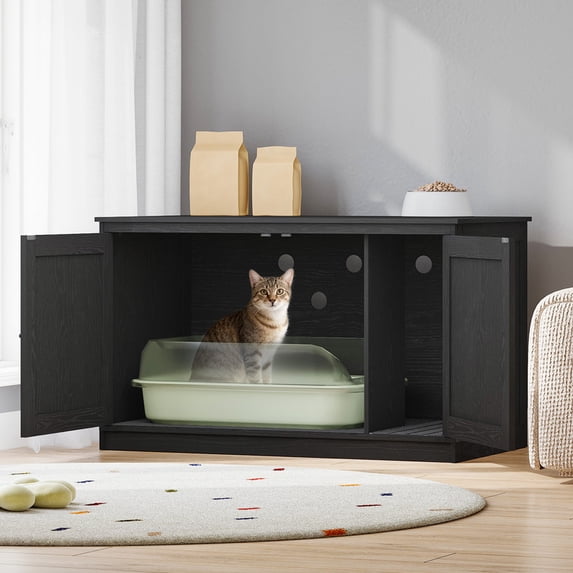 Hzuaneri Large Cat Litter Box Enclosure, 39.4 inch Hidden Litter Box Furniture with Divider, Wooden Cat Cabinet with Removable Dividers, Cat Washroom, Farmhouse Style, Black