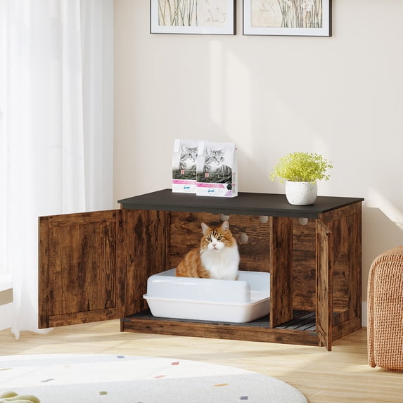 Hzuaneri Large Cat Litter Box Enclosure, 39.4 inch Hidden Litter Box Furniture with Divider, Wooden Cat Cabinet with Removable Dividers, Cat Washroom, Farmhouse Style, Rustic Brown Black