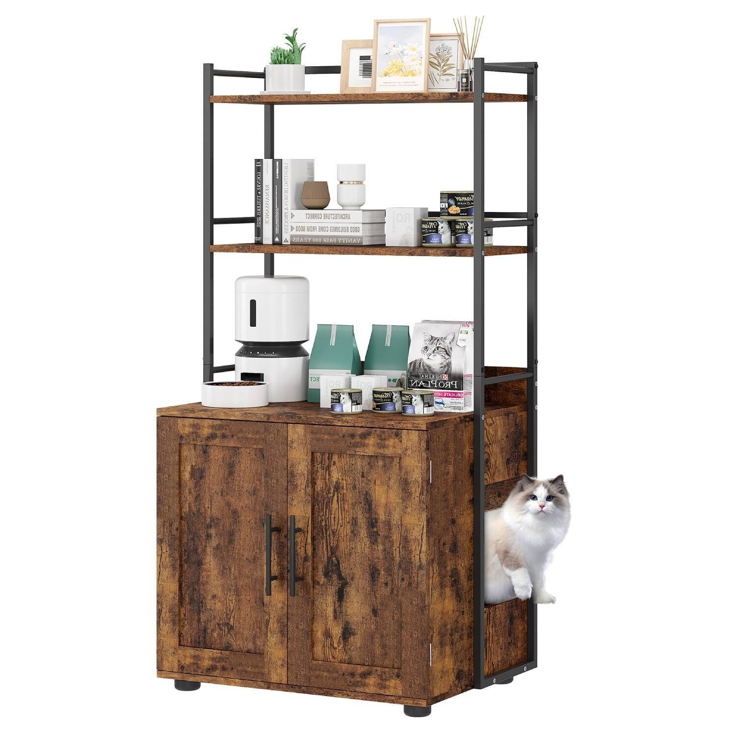 Rustic Brown MDF and Iron Cat Litter Box Enclosure with Shelves
