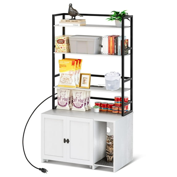 Cat Litter Box Enclosure with 3 Storage Shelves, Charging Station & Push-Pull Mobile Chassis, 32"Wx19"Dx60"H