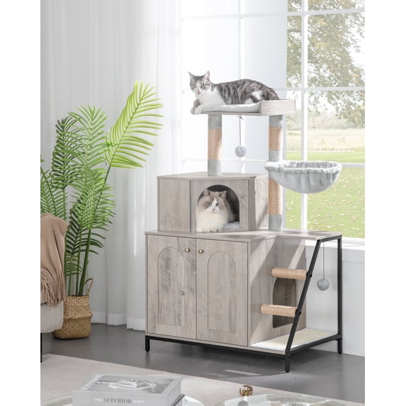 Cat Litter Box Enclosure with Cat Tree, 4-in-1 Modern Cat House CB81005B