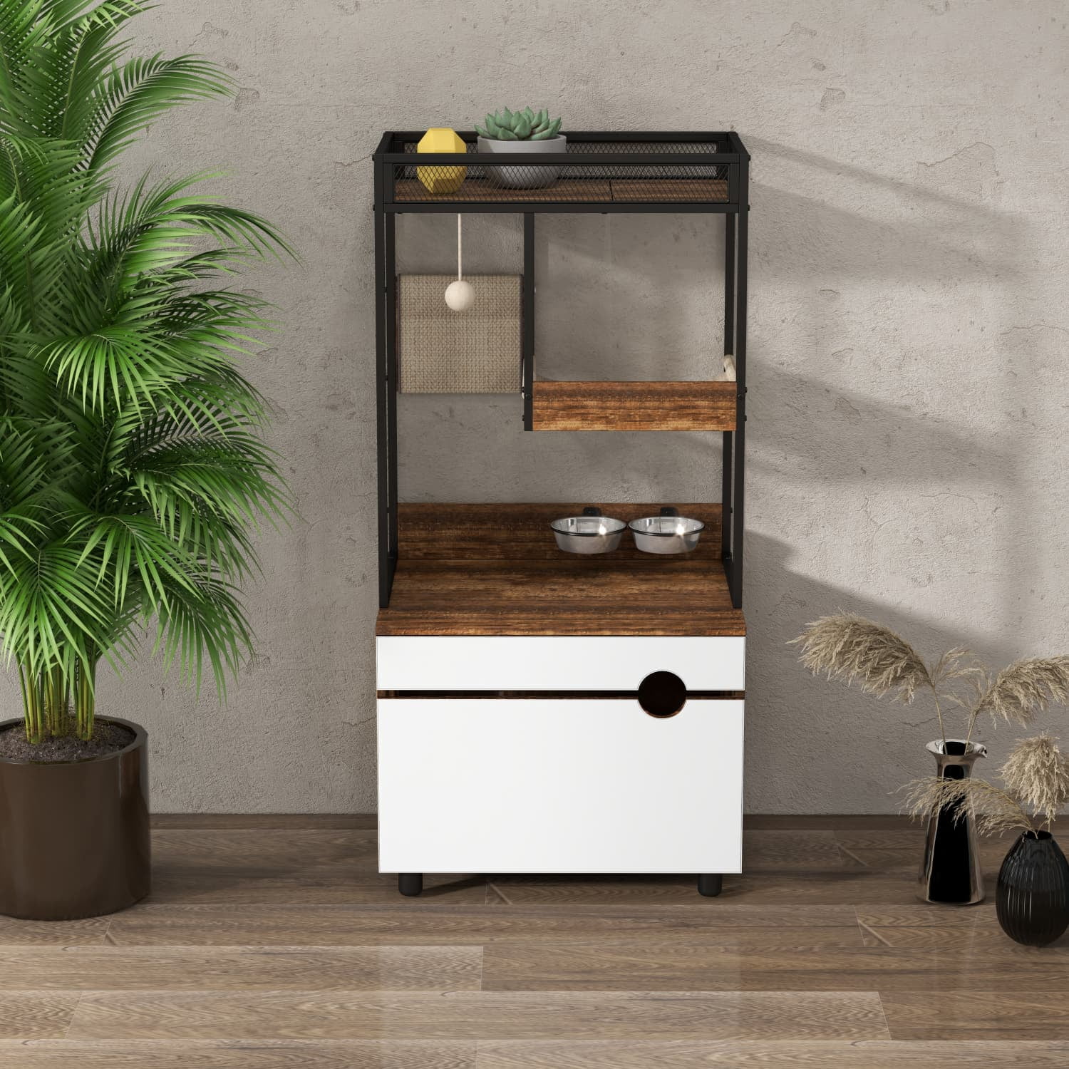 Cat Litter Box Enclosure with Cat Tree Tower, Multifunctional Cat Furniture Cabinet, Hidden Litter Box Furniture with Scratching Pad & Storage Space