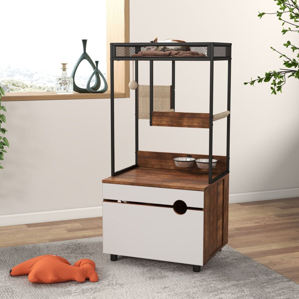 White and Retro Wooden Cat Litter Box Enclosure with Tree Tower