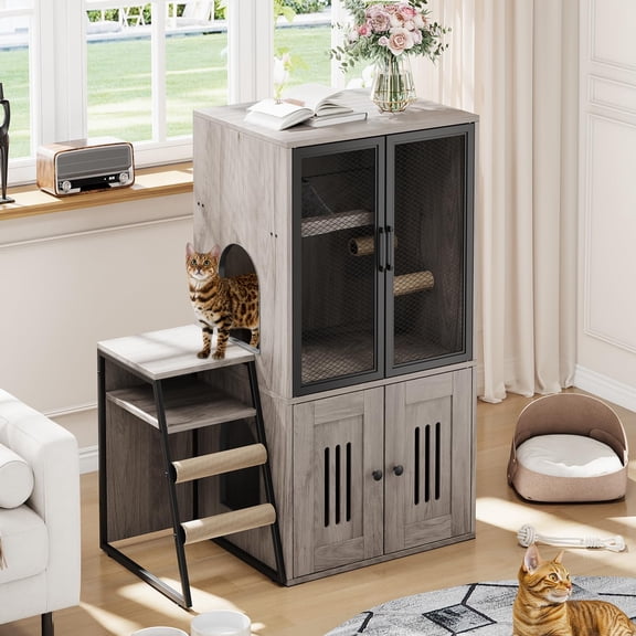 Cat Litter Box Enclosure with Doors, Double Cat House with Storage Space, Enclosed Litter Box Furniture with Ladder, Grey