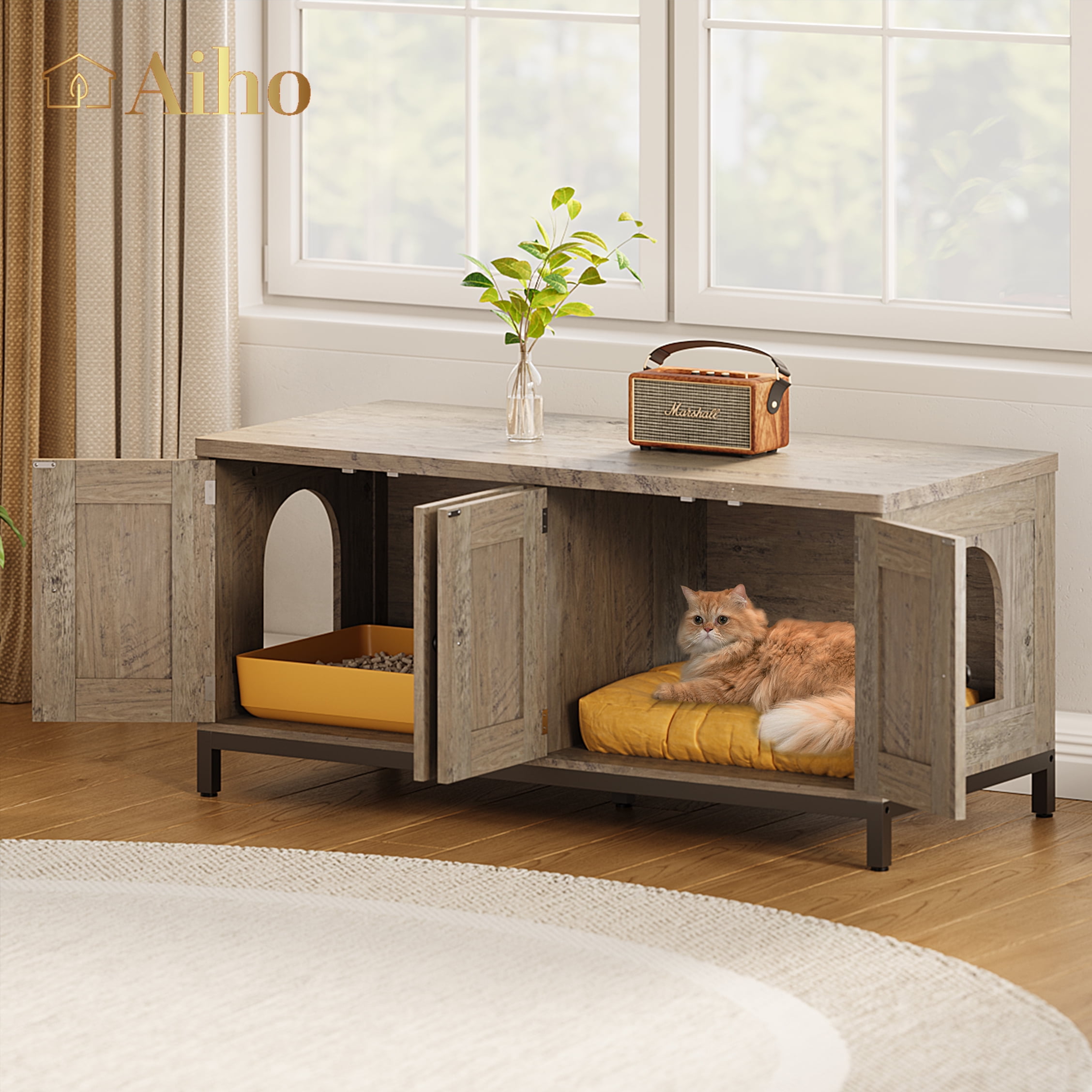 Aiho Cat Litter Box Enclosure with Hidden Entry and Two Doors